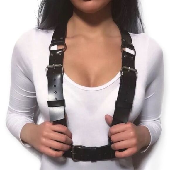Black Wide Suspender Straps Adjustable Body Harness Chest Harness Belt NEW - Picture 1 of 4